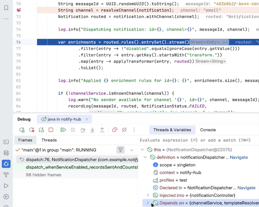 Debugger paused on NotificationDispatcher with Frames and Variables