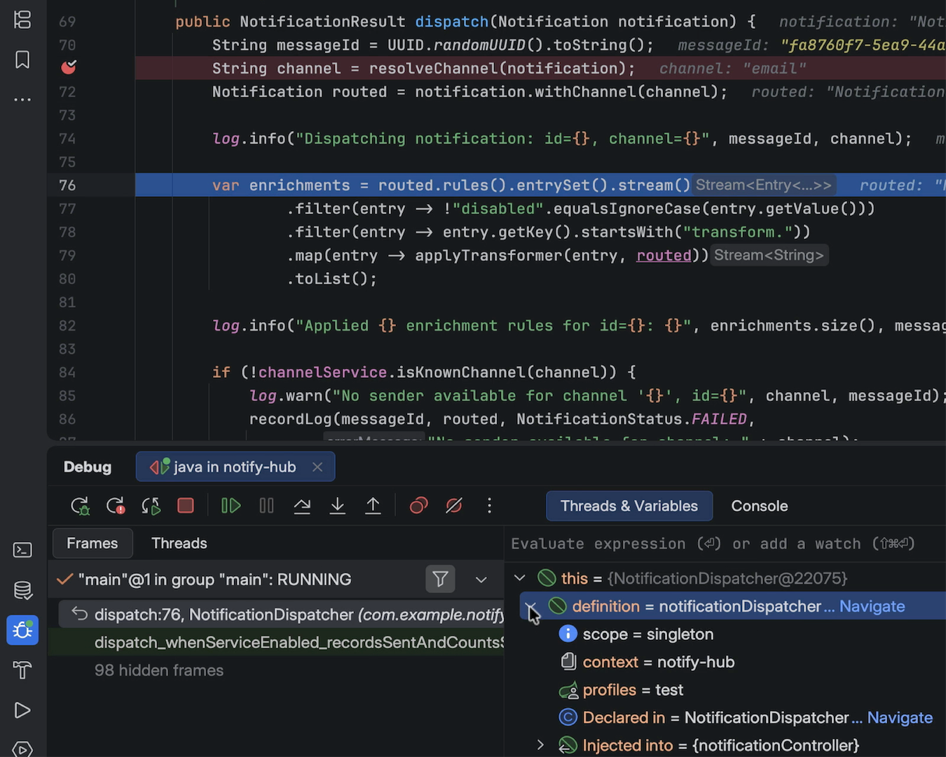 Debugger paused on NotificationDispatcher in the homepage workbench