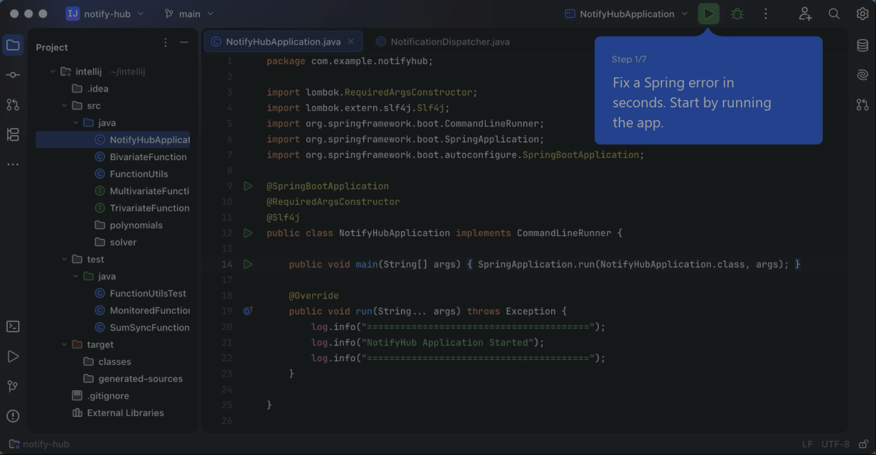 NotifyHubApplication.java open in the editor, first of seven Spring run frames, before the bean error