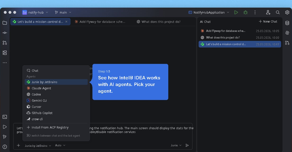 Agent picker open with Junie selected, first frame of the in-IDE AI walkthrough