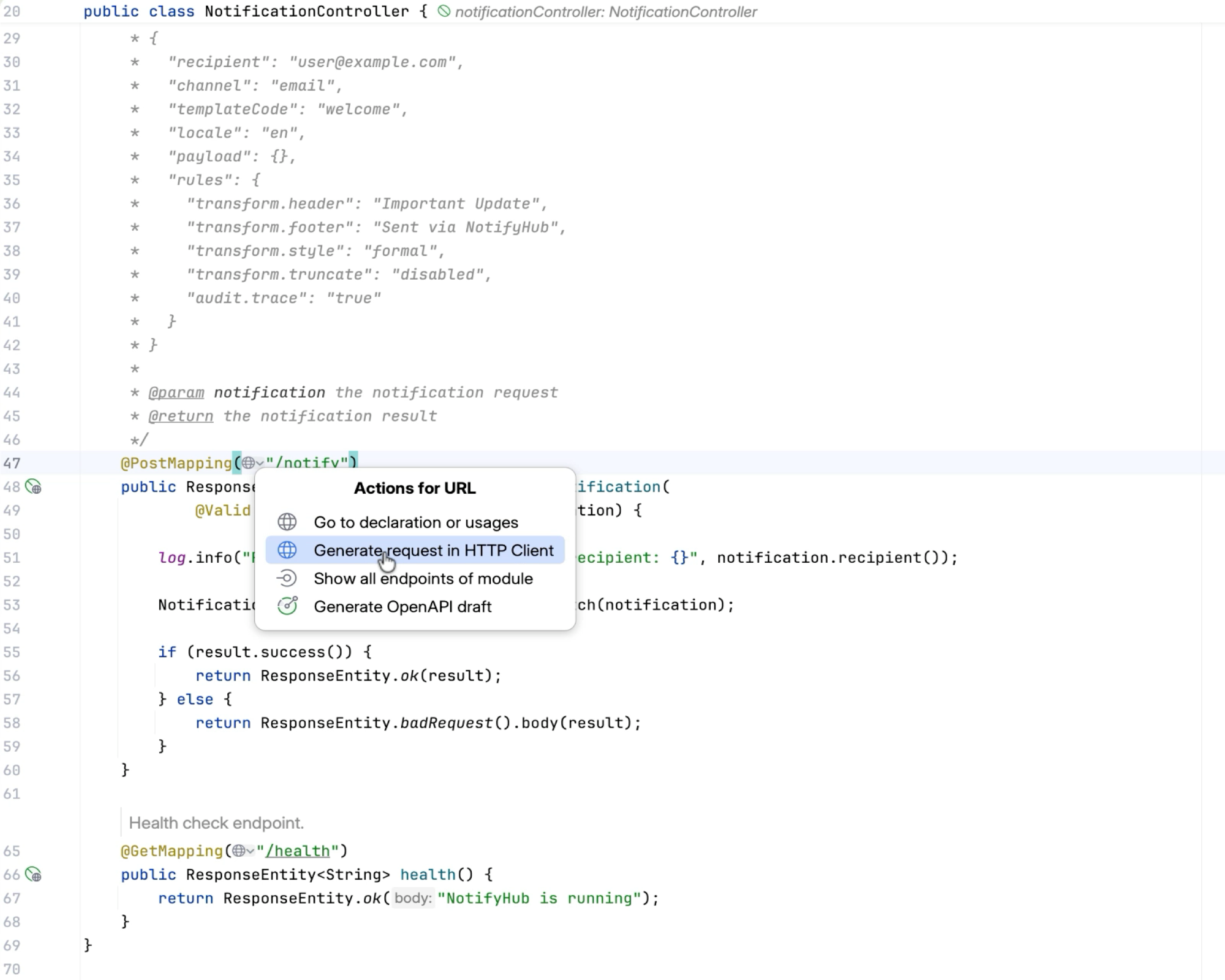 Editor gutter offering HTTP Client and an OpenAPI draft