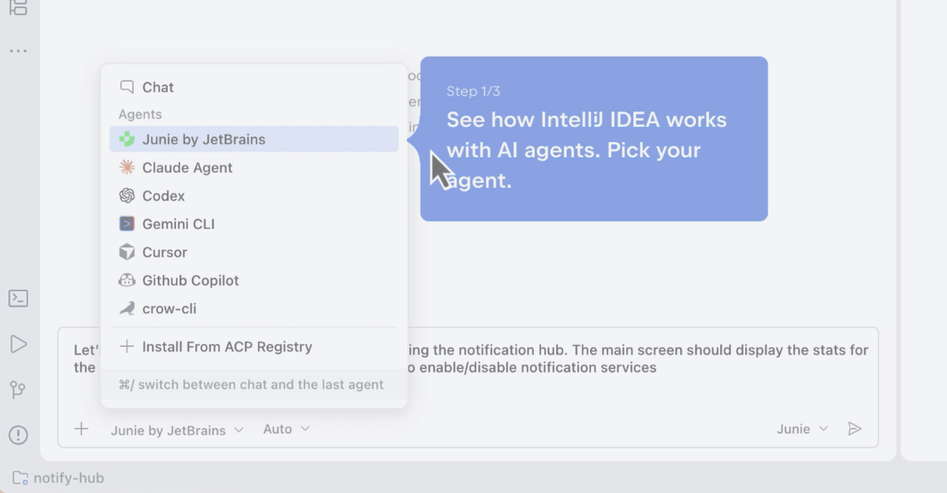 Agent picker listing Junie and other agents from the open editor