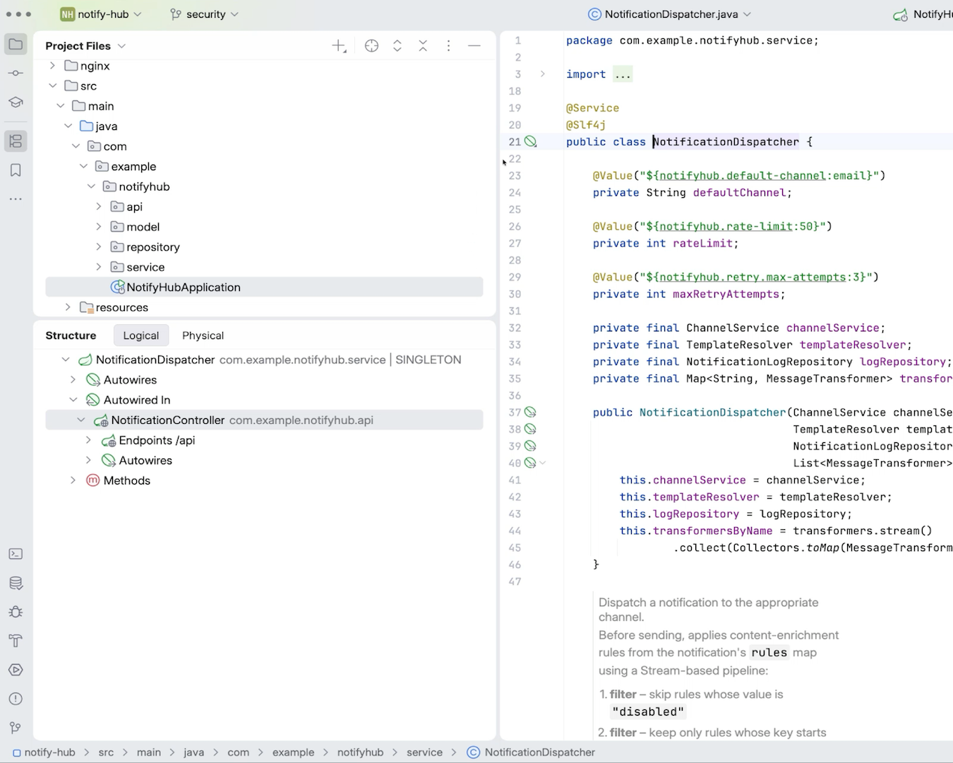 Project tree and editor open on NotificationDispatcher in a Spring service