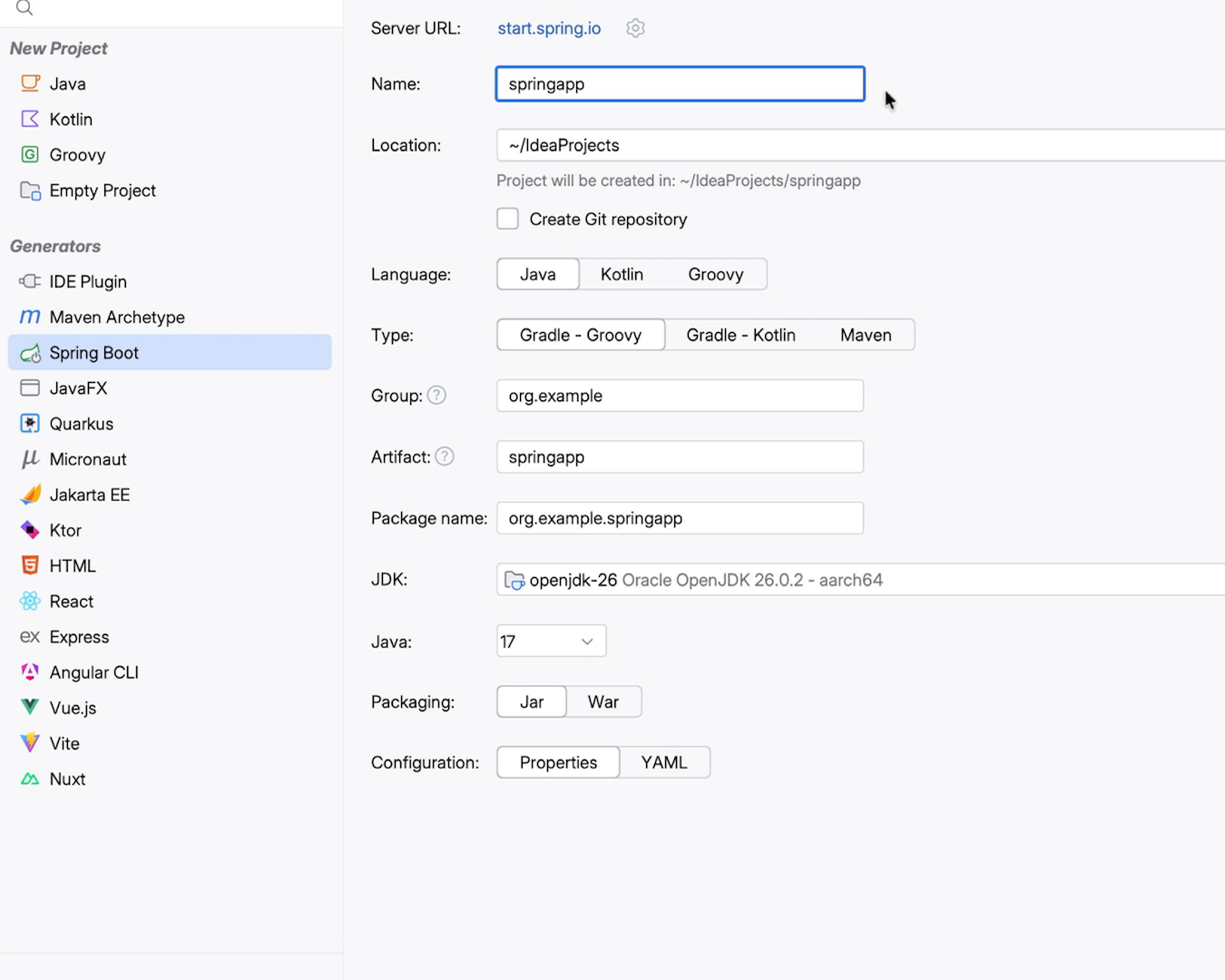 New Project wizard with Spring Boot, Java, Kotlin, and Gradle selected
